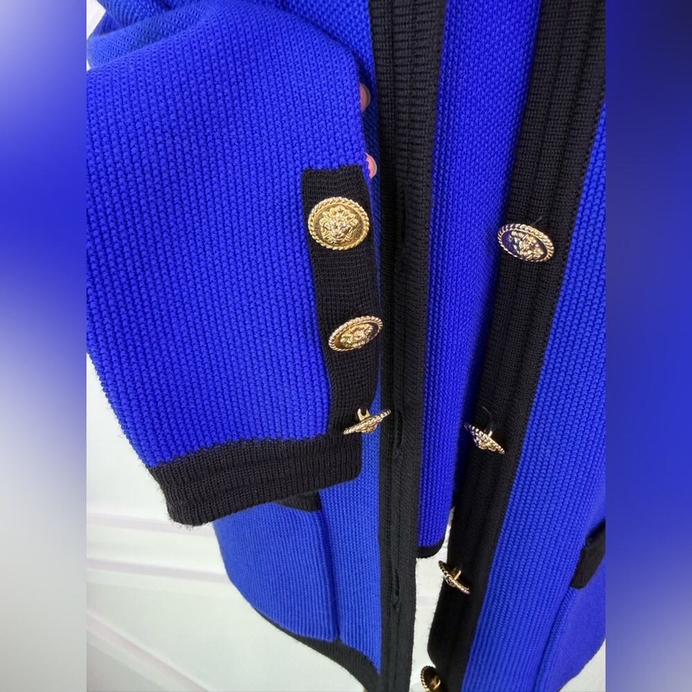 Vintage Worldly Things Styltricot Wool Sweater Jacket Blue Gold Lion Buttons 8 - Picture 4 of 14